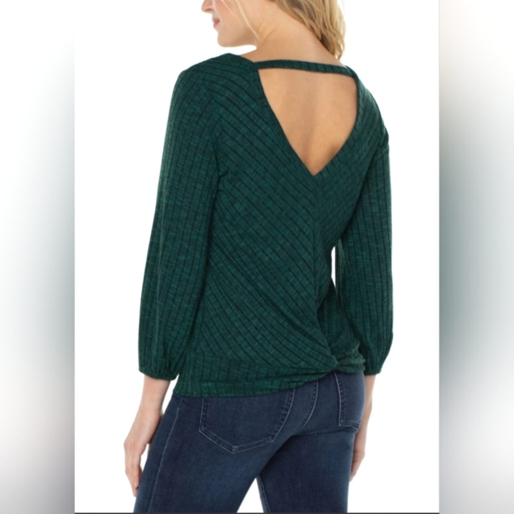 Liverpool Los Angeles Twist Back Knit Sweater Top 3/4 Sleeves Emerald Size XL